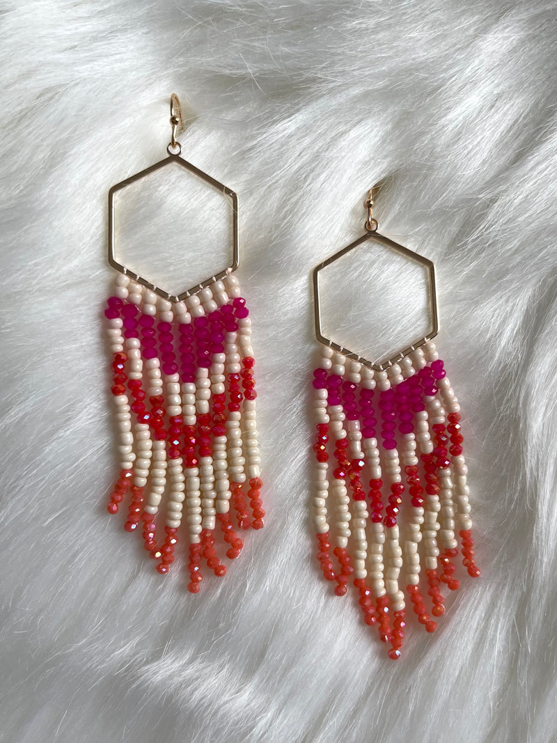 Hexagon Seed Bead Earrings Pink + Orange