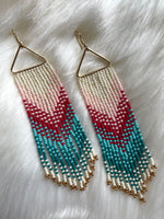 Triangle Seed Bead Tassel Earrings Pink+ Blue