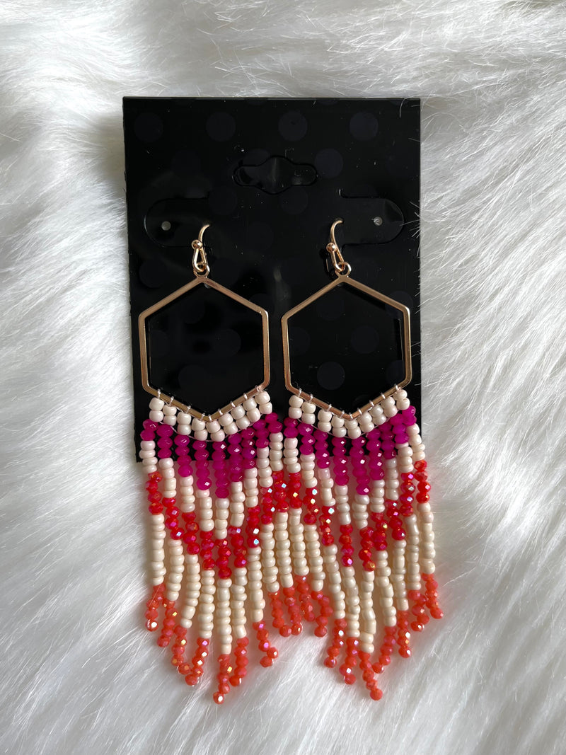Hexagon Seed Bead Earrings Pink + Orange