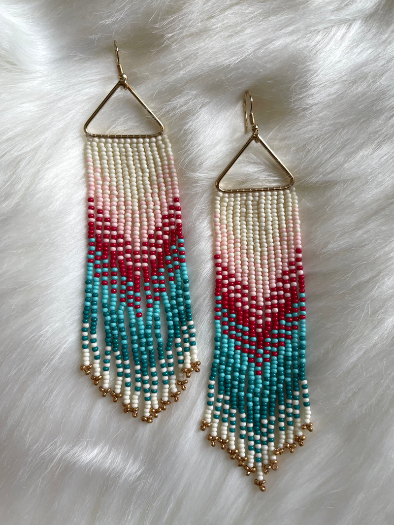 Triangle Seed Bead Tassel Earrings Pink+ Blue