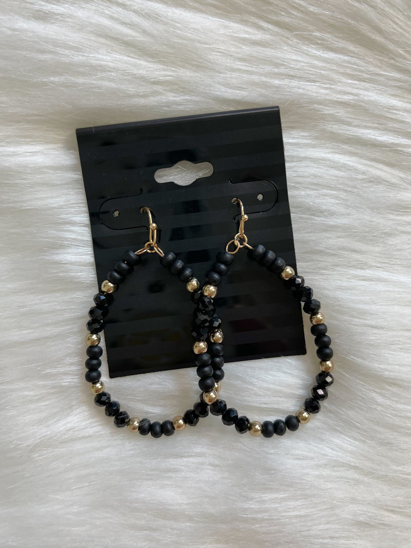 Tear Drop Black + Gold Bead Earrings